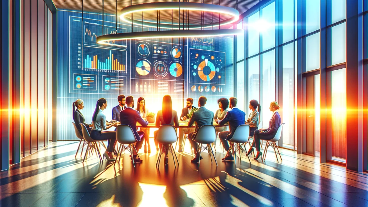 A group of people around a meeting table with charts and graphs on the wall