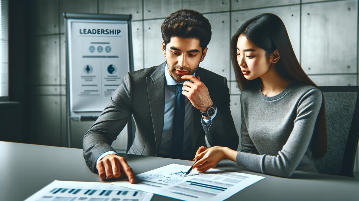 A man and a woman examining documents with charts at an office table
