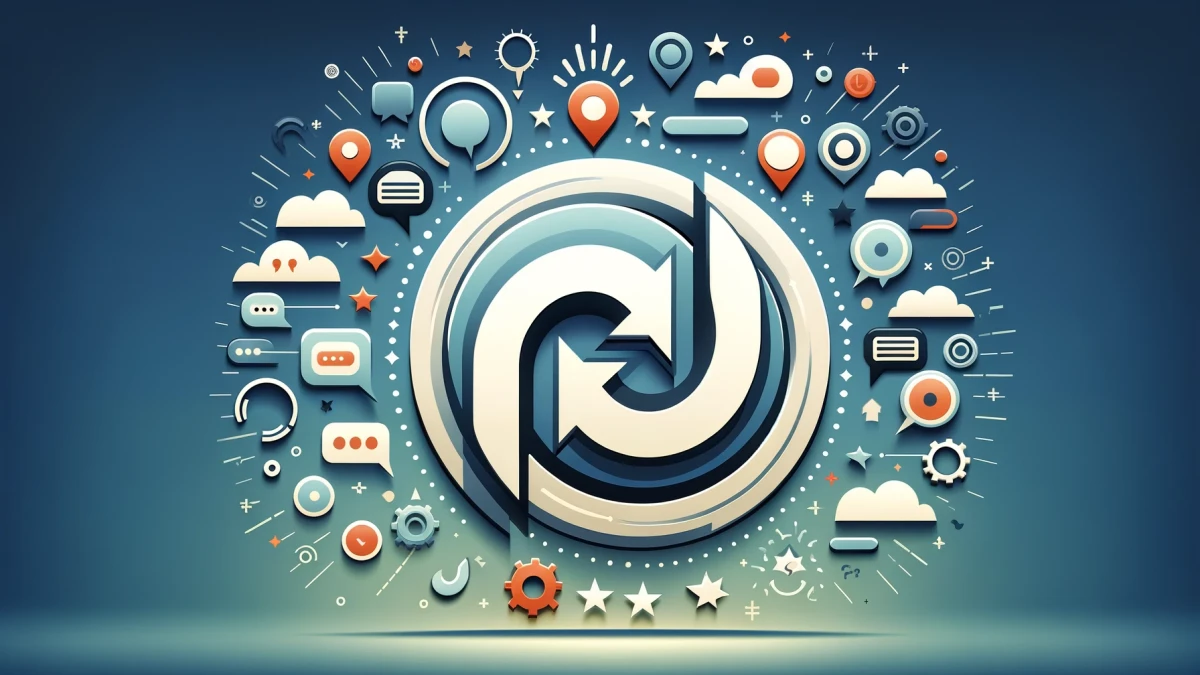 Circular arrows surrounded by message icons, markers and gears on a blue background