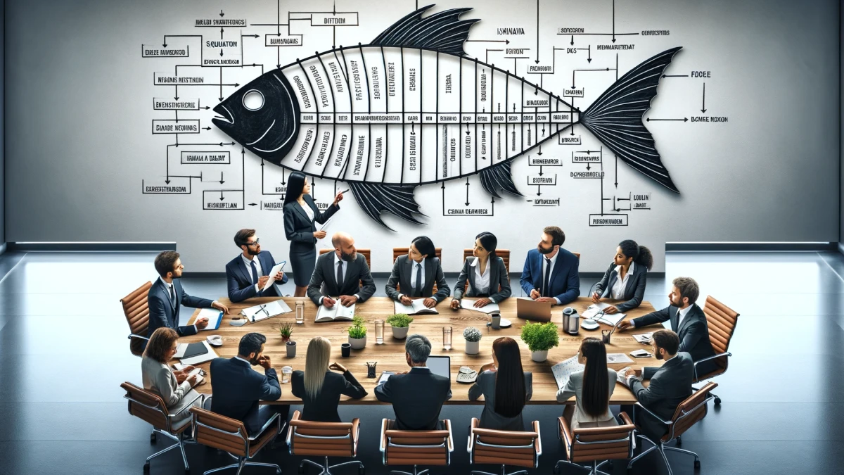 An illustration of a team around a table beneath a large fish-shaped diagram