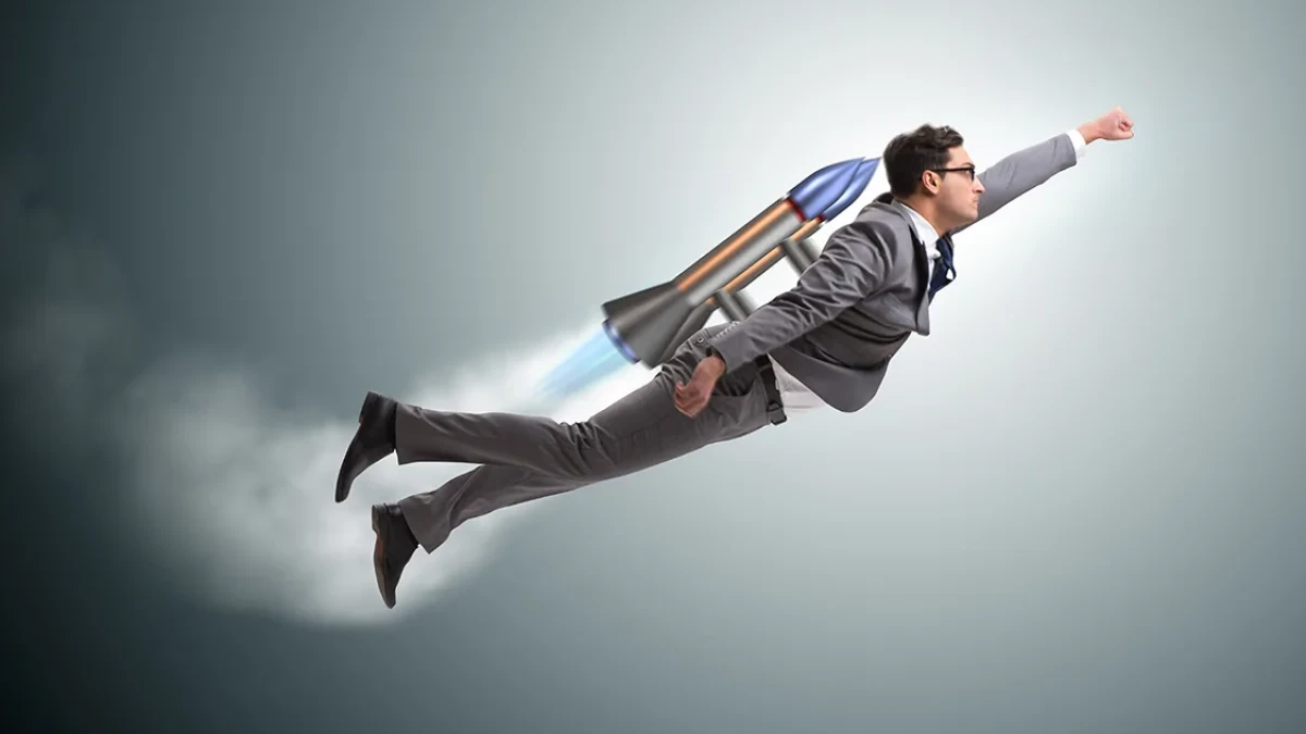 A photomontage of a man in a suit flying with a jetpack