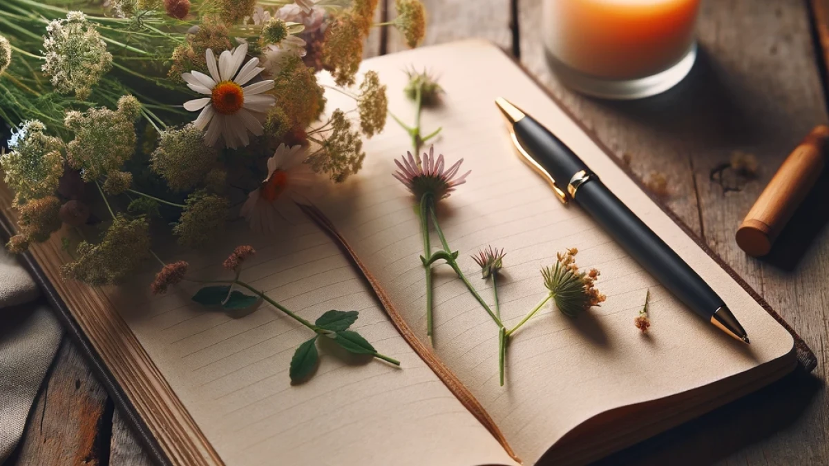 An open notebook with a pen and flowers on a wooden table