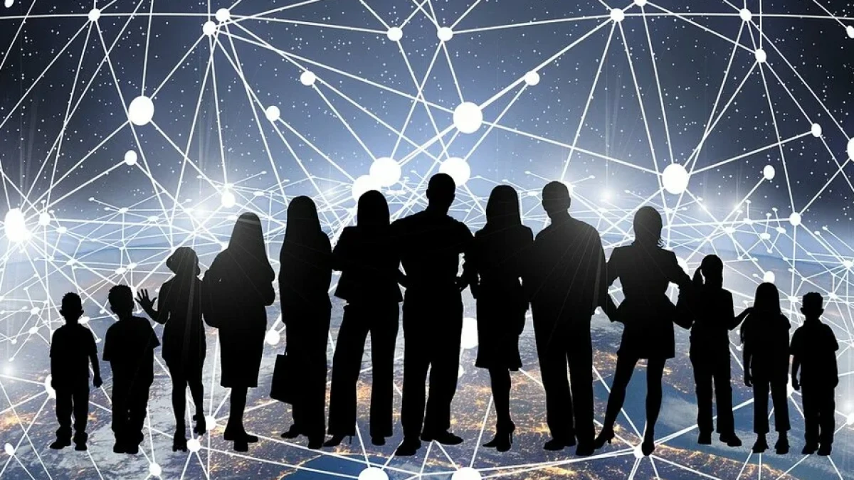 Silhouettes of people against glowing network nodes and connecting lines