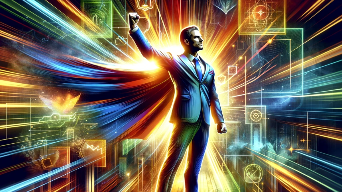 An illustration of a man in a suit and cape raising a fist amid colourful beams of light