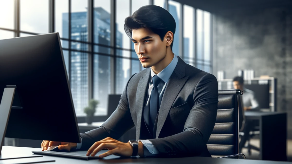 A man in a suit working at a computer in an office with large windows
