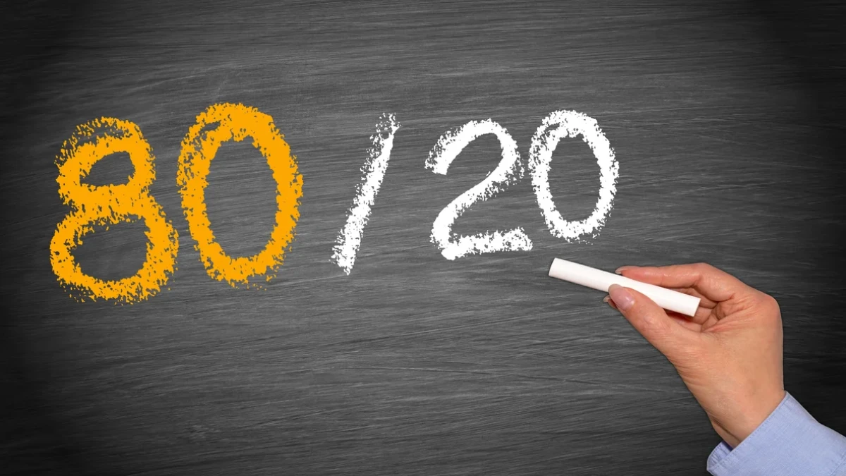 A hand holding chalk beside 80/20 written on a dark board