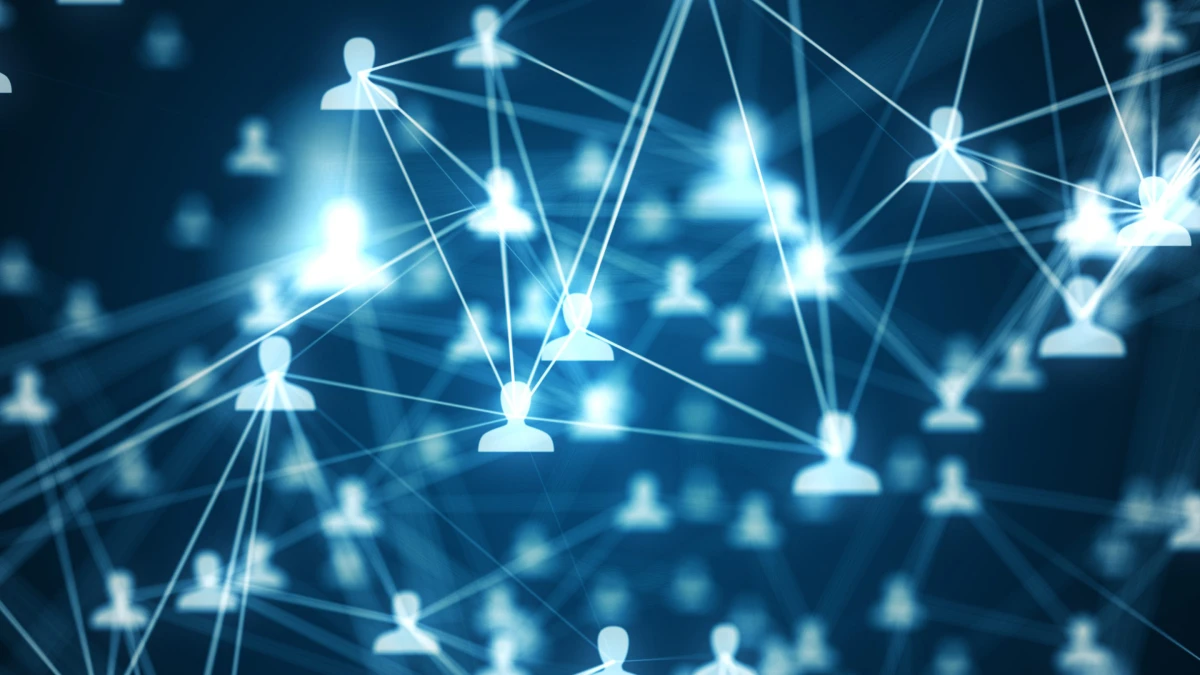 Glowing person icons connected by lines against a blue background