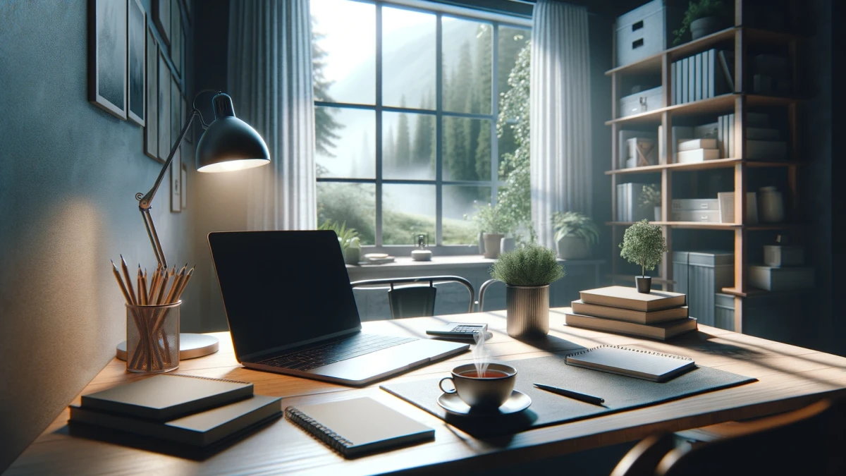 A desk with a laptop, lamp and plants beside a large window
