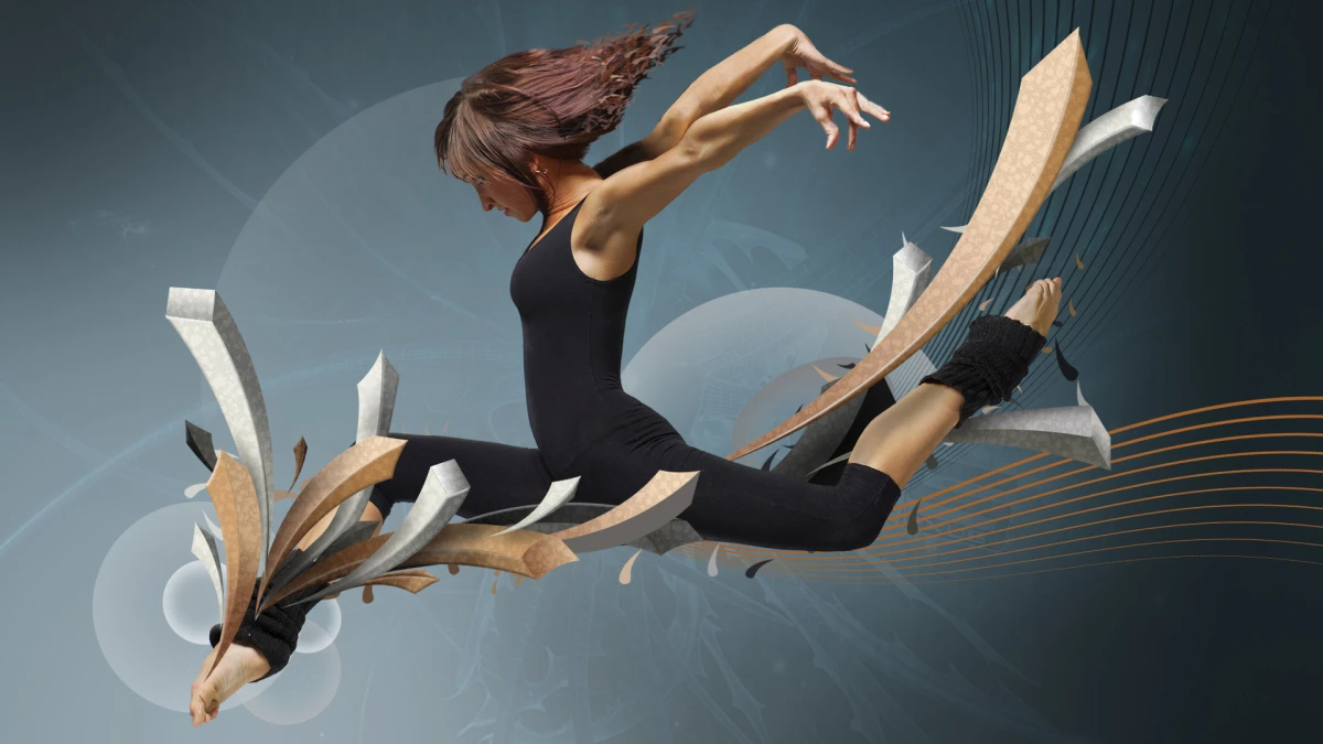 A photomontage of a dancer jumping among curved geometric shapes