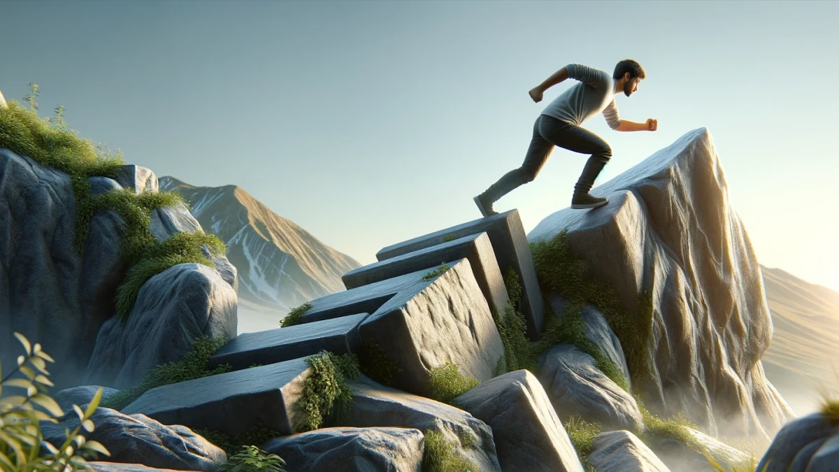 A man climbing stone steps on a steep rock