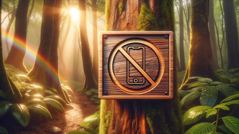 A wooden sign showing a crossed-out smartphone on a forest tree