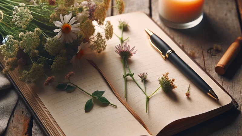 An open notebook with a pen and flowers on a wooden table