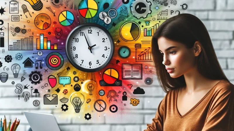 A woman beside a collage of a clock, charts and drawings