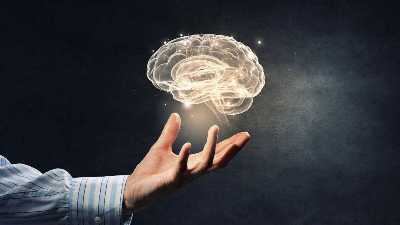 A glowing illustration of a brain above an open hand
